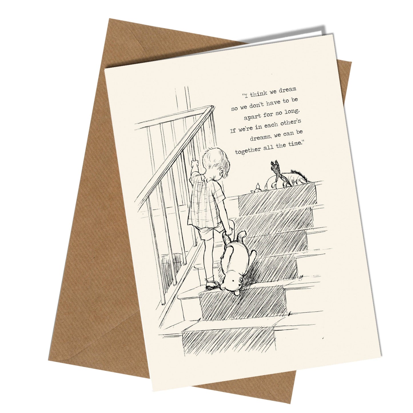 Greeting card with illustration of a child and dog on stairs, text on a brown envelope