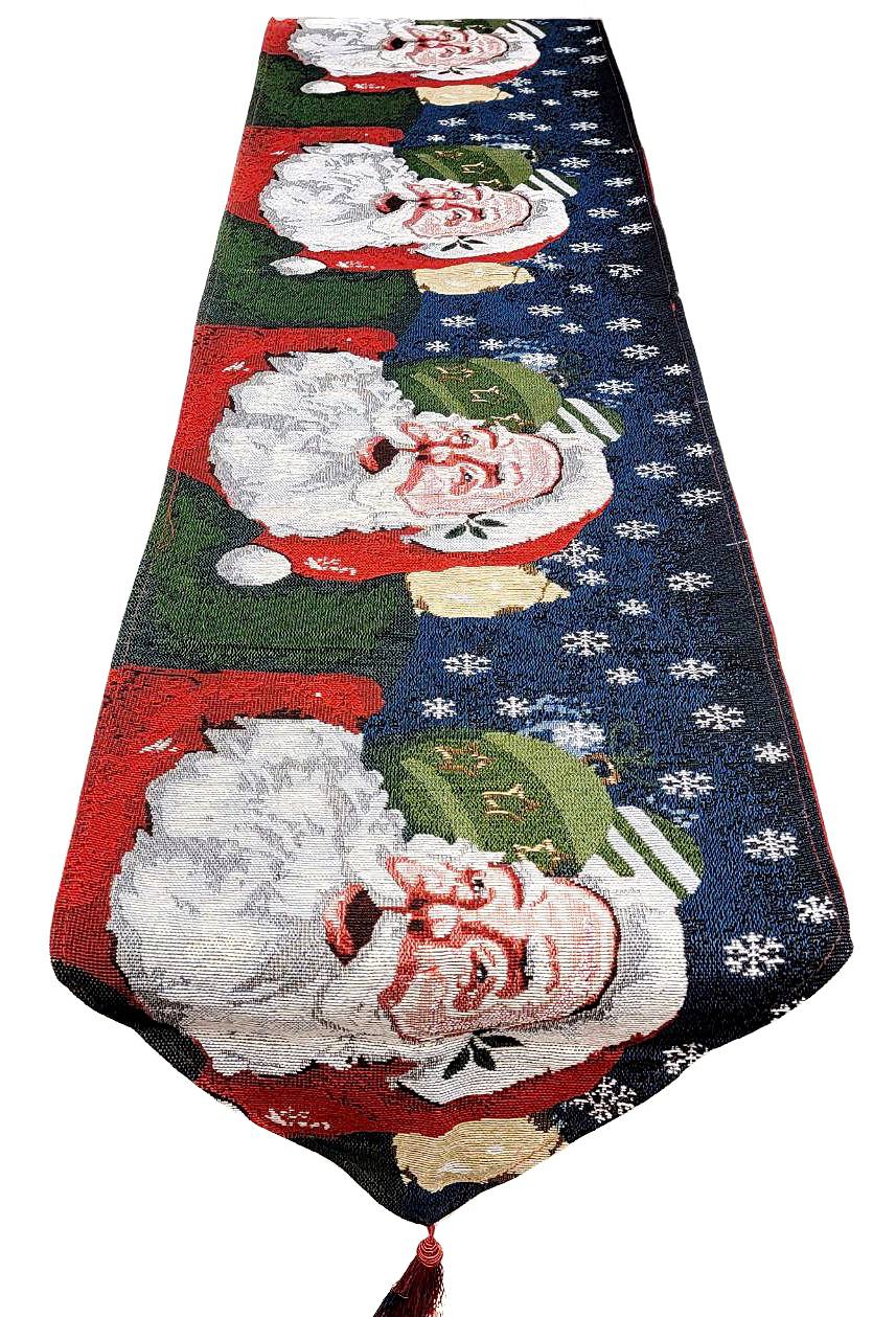 Decorative table runner with Santa Claus design on a blue background