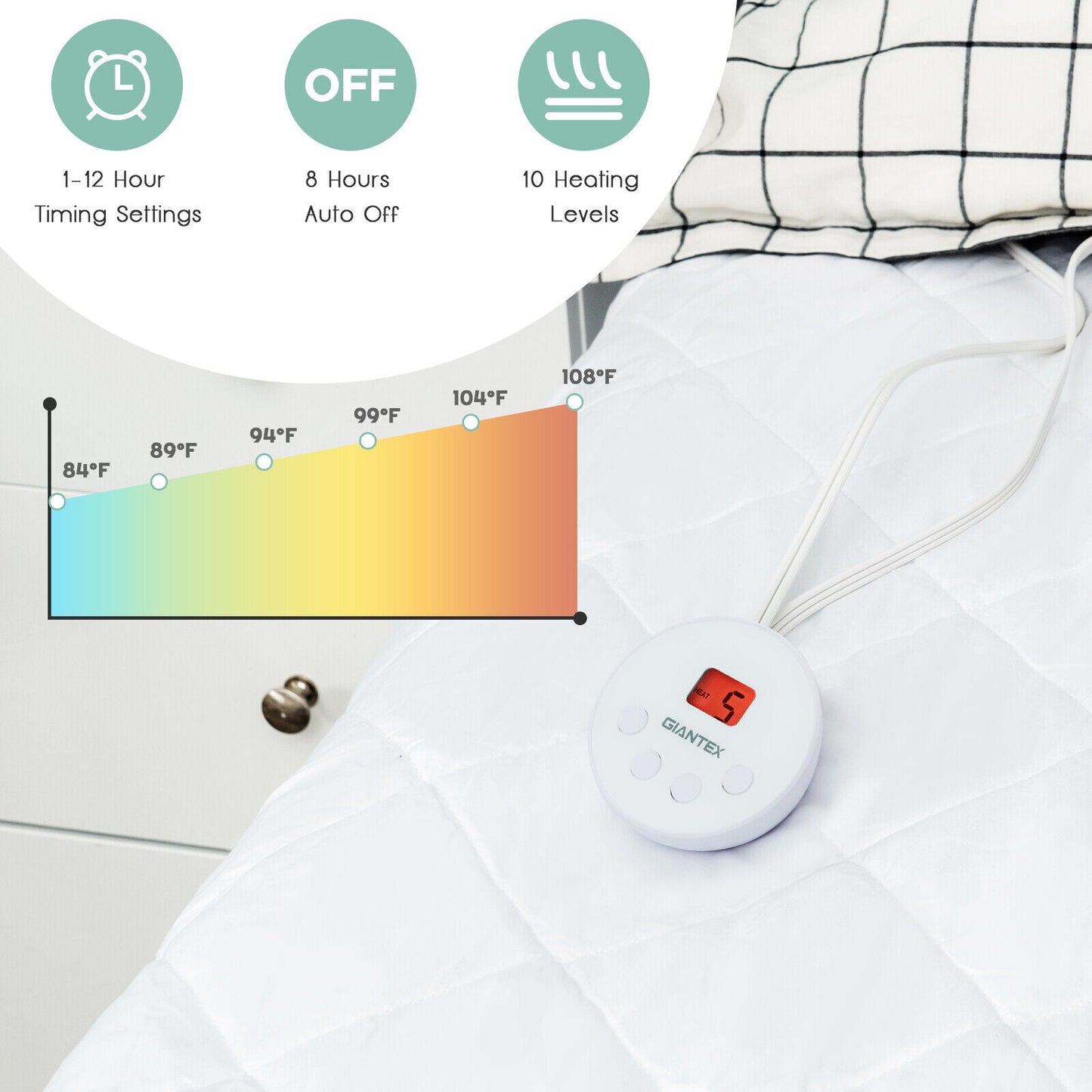 Auto Shut Off Heated Electric Mattress Pad with Dual Controller-Queen Size