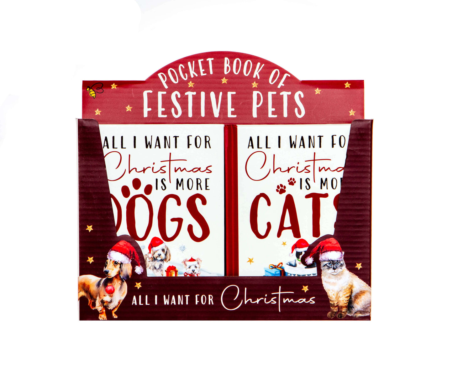 Pocket book of festive pets with Christmas-themed text and images on a white background
