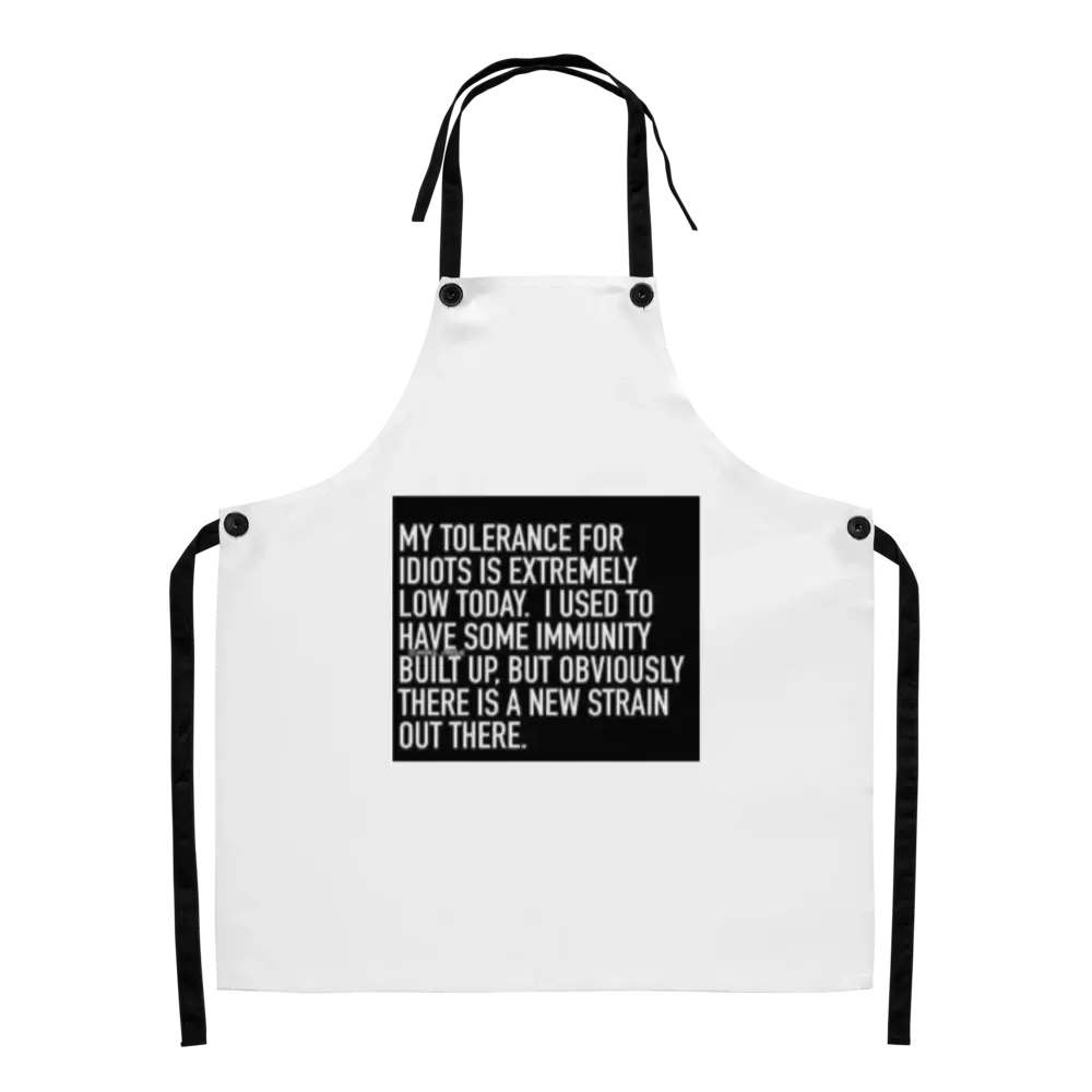 White apron with black text on a white background