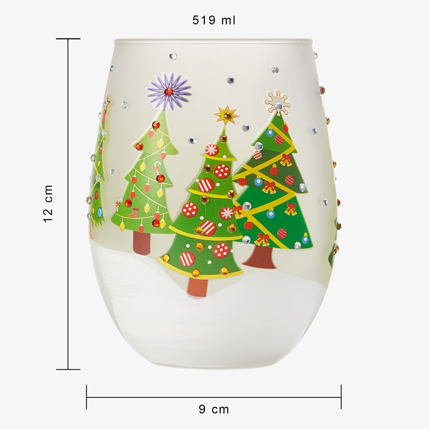 Decorative cup with Christmas tree design and measurements on a white background