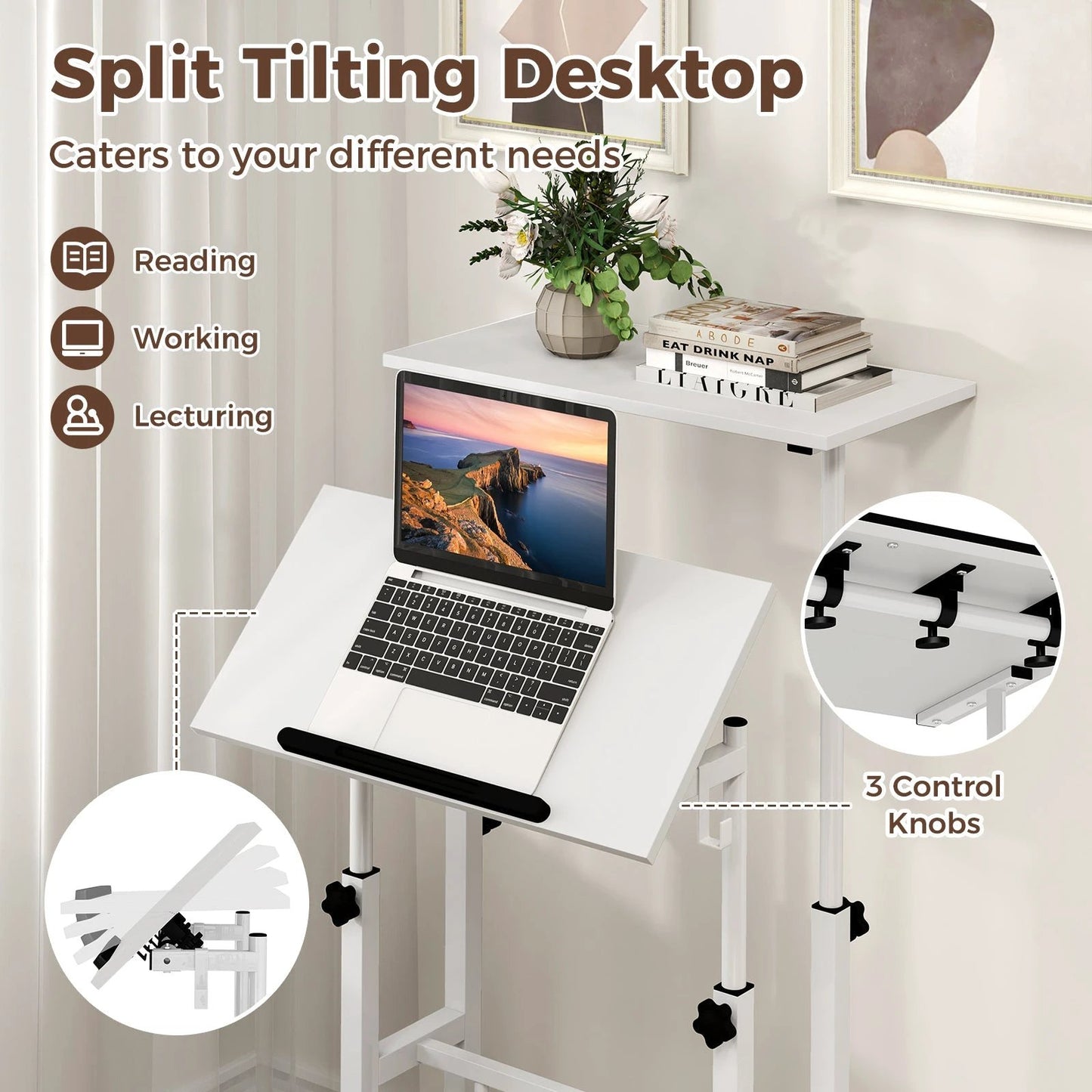 Mobile Standing Desk Height-Adjustable Laptop Cart with Split Top and Hanging Hooks-White by DirectDeals