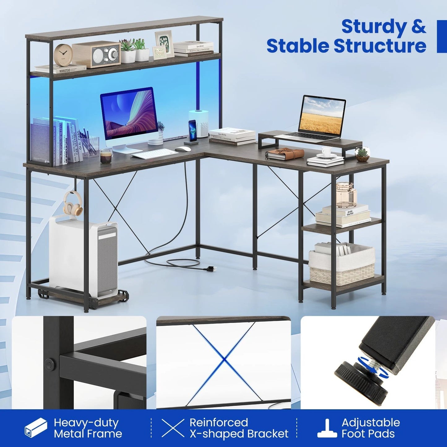 L-Shaped Reversible Gaming Desk with LED Strip and Power Outlets Hutch Monitor Stand-Gray by DirectDeals