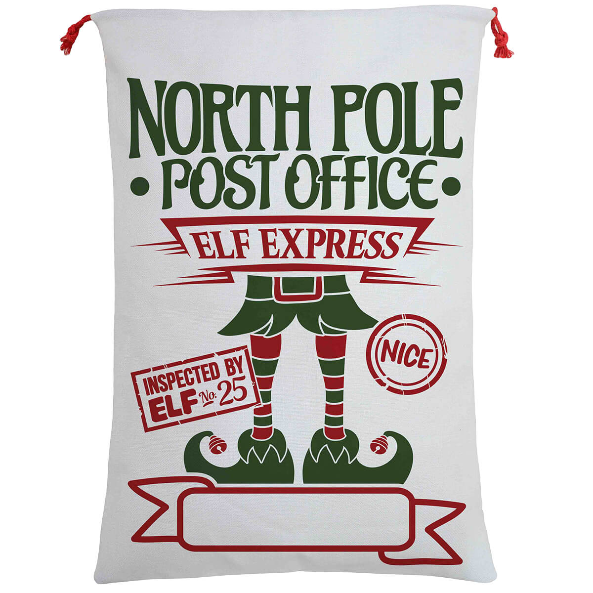 White sack with Christmas-themed design featuring an elf and text on a white background