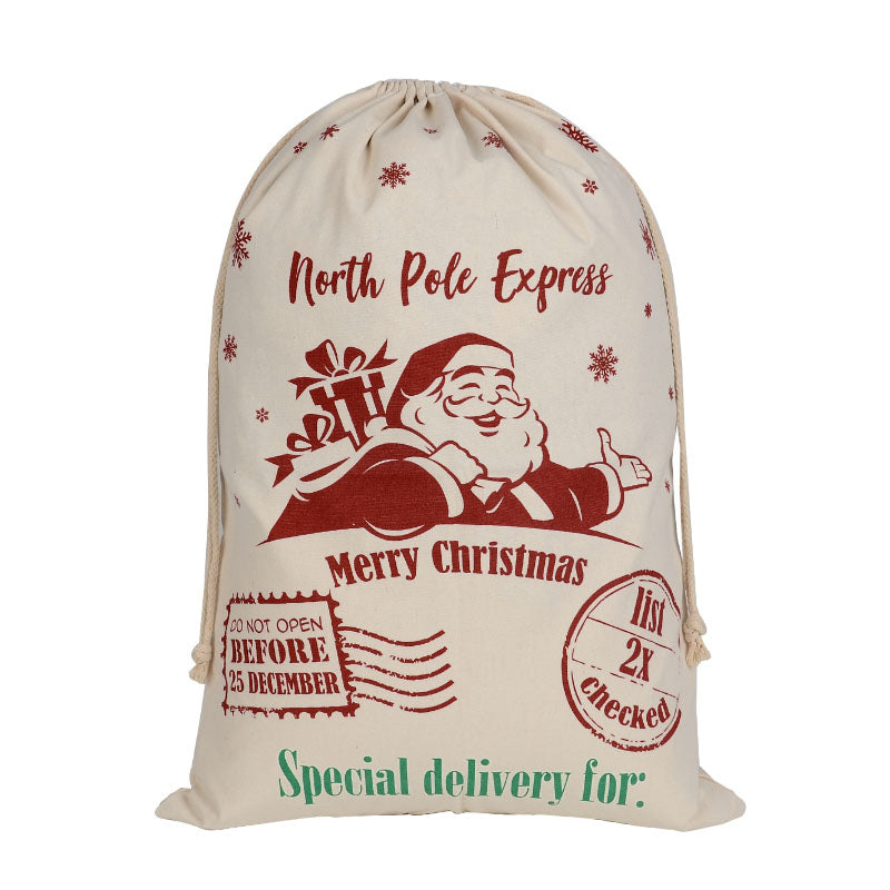 Beige drawstring bag with Santa Claus design and Christmas text on a white background