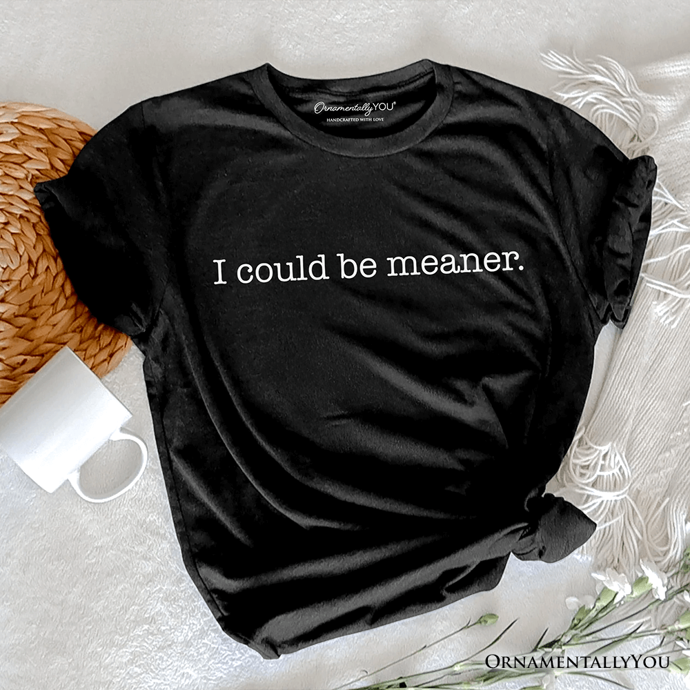 Black t-shirt with 'I could be meaner.' text on a textured surface with a mug and decorative elements.