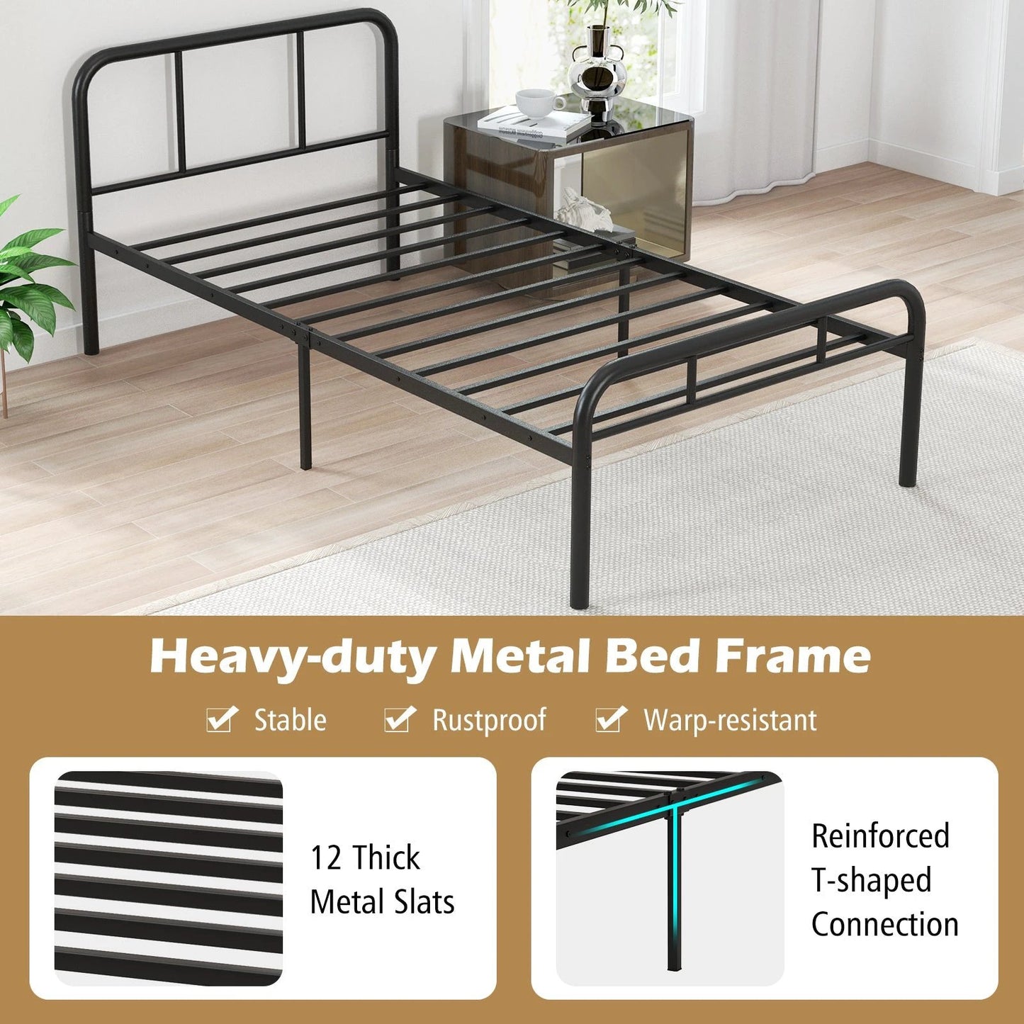 Modern Metal Platform Bed with Headboard and Footboard-Black by DirectDeals