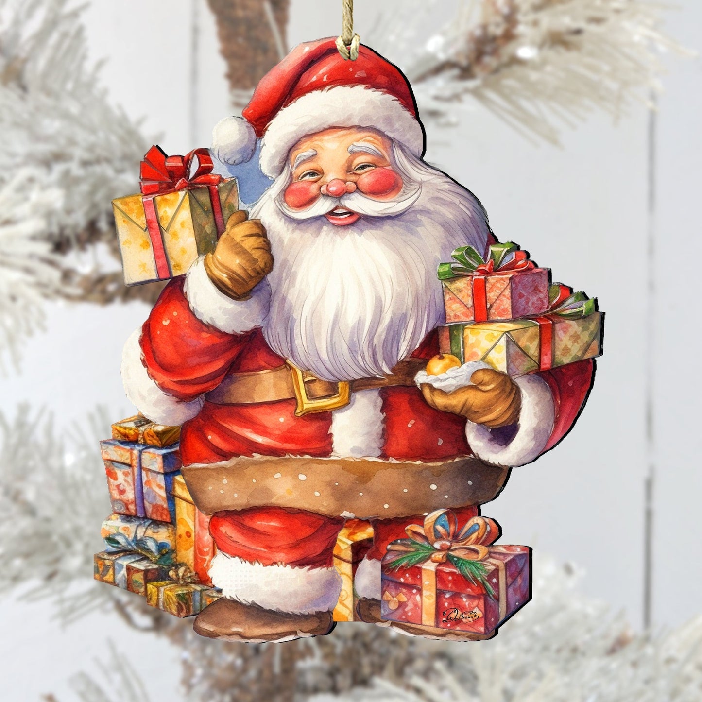 Decorative Christmas ornament of Santa Claus with gifts against a white background