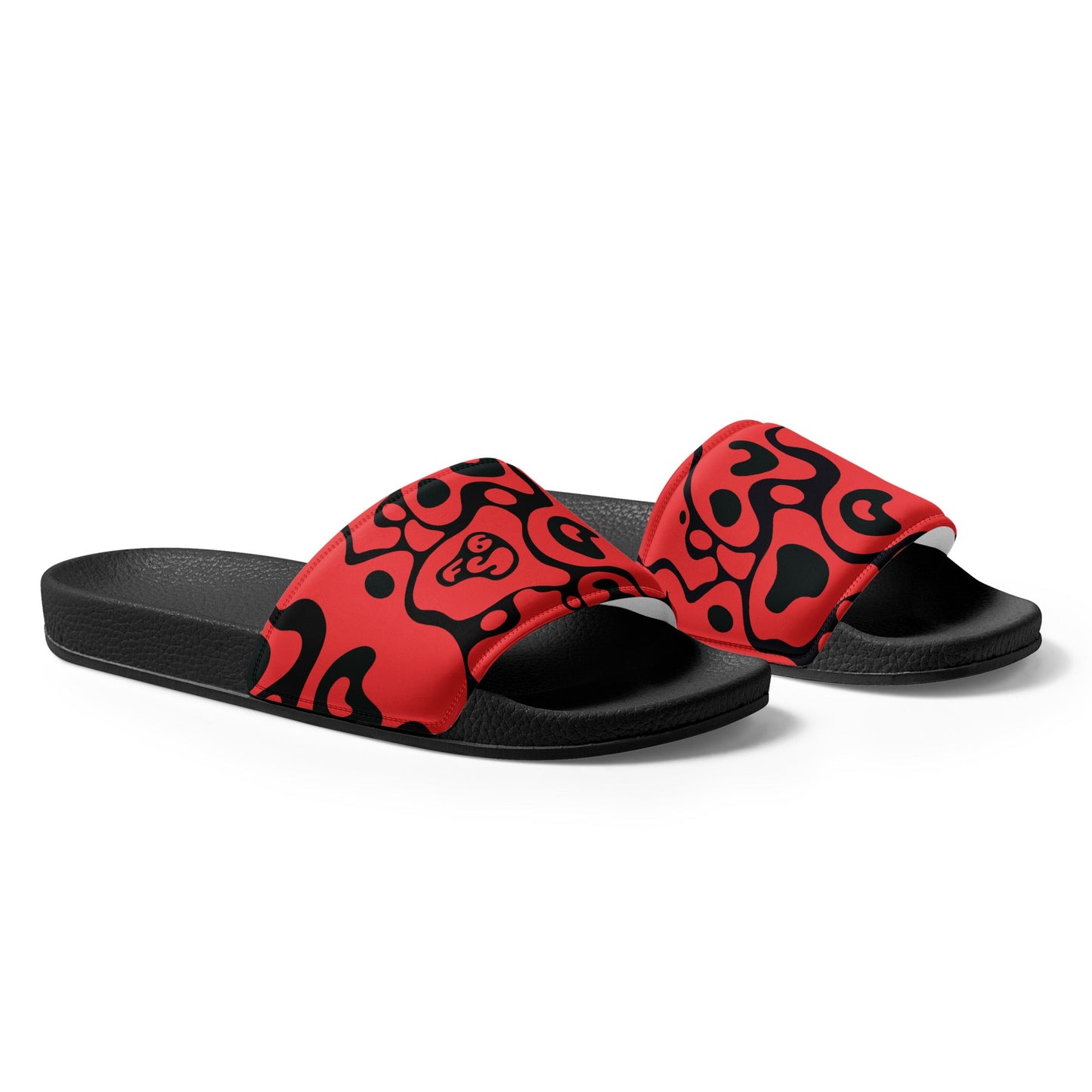 Red and black slide sandals on a white background