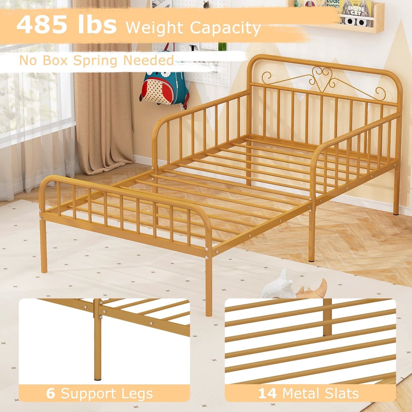 Twin Size Bed Frame with Headboard and Safety Side Guardrails-Gold by DirectDeals
