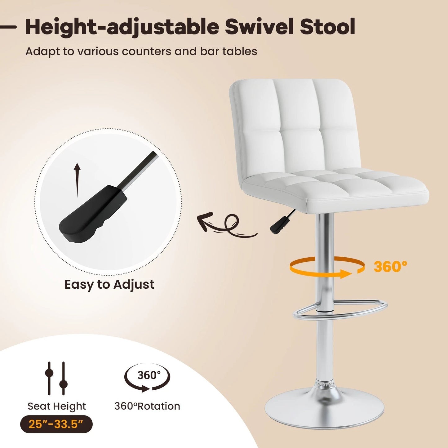 Set of 2 Square Swivel Adjustable PU Leather Bar Stools with Back and Footrest-White by DirectDeals