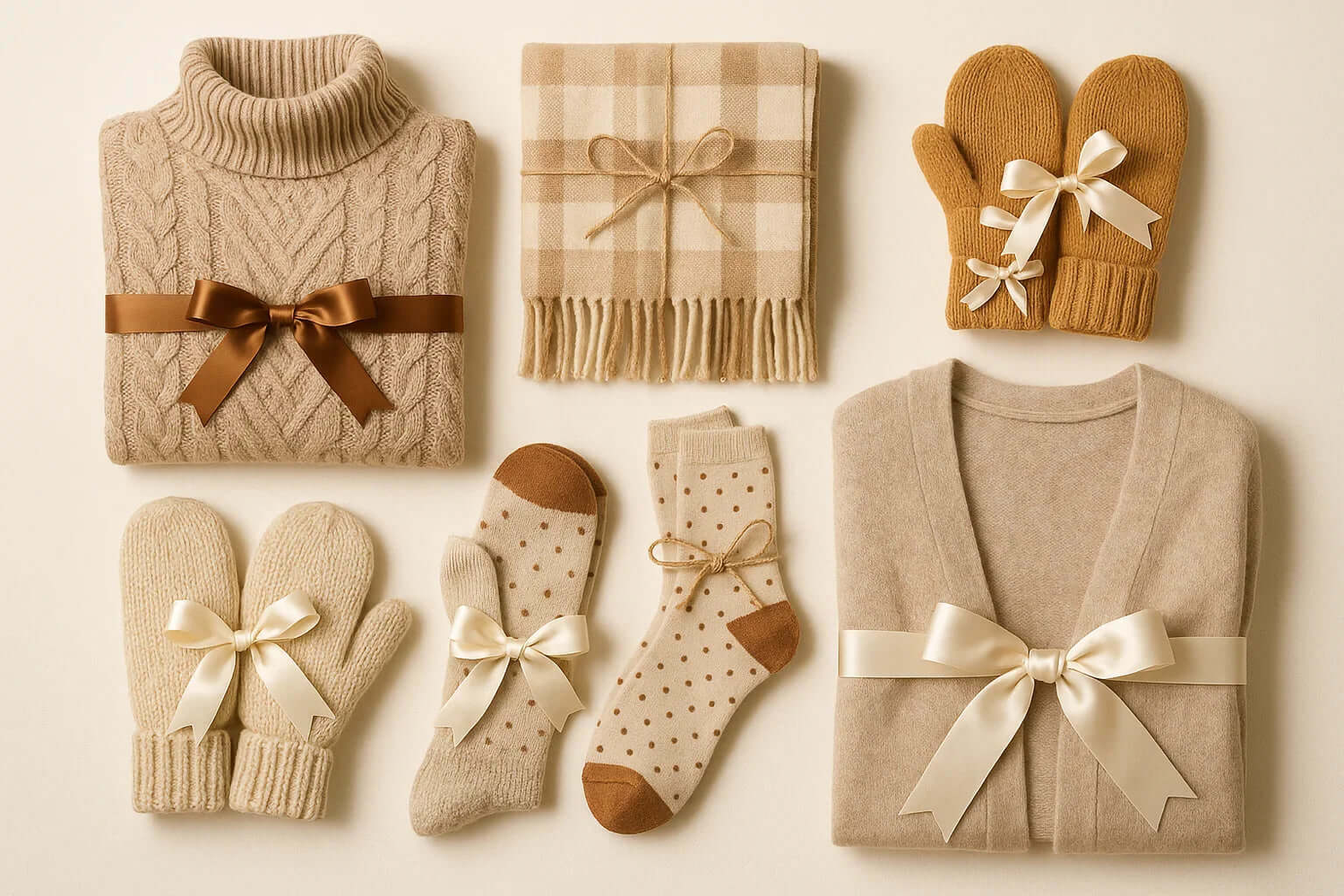 Cozy winter clothing including sweaters, mittens, and accessories perfect for festive occasions.