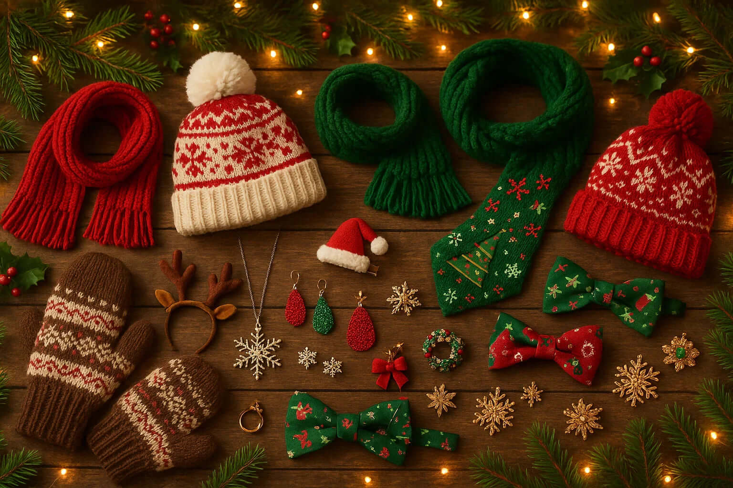 Holiday Accessories featuring festive hats, scarves, gloves, and cheerful ornaments for a perfect holiday look.