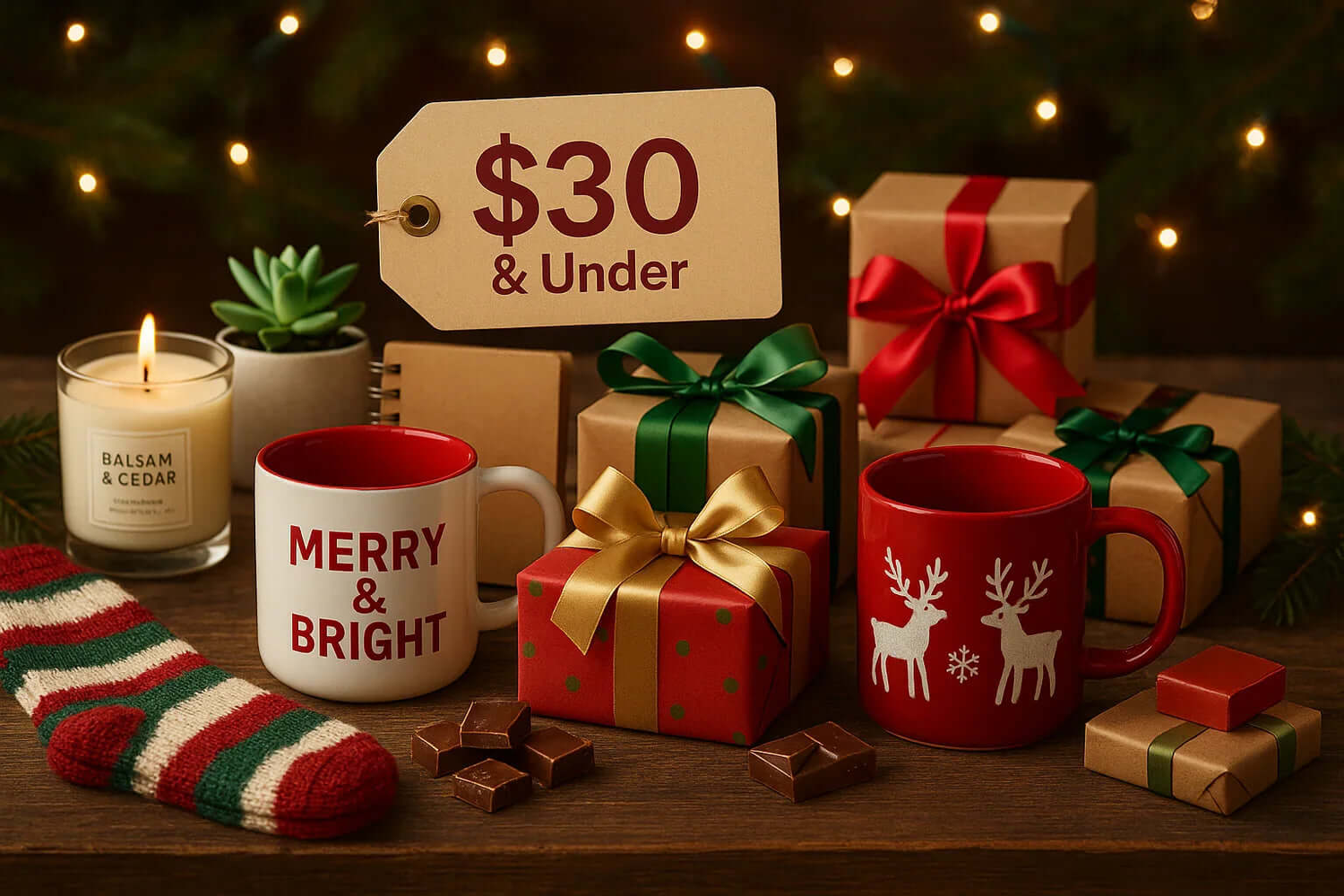 Secret Santa Gifts Under $30, featuring mugs, gifts, and decorations for holiday exchanges.