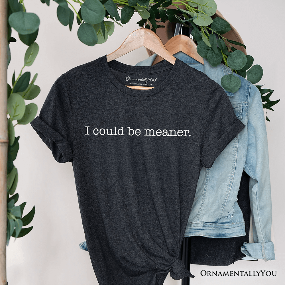 Dark gray t-shirt with 'I could be meaner' text on a hanger with greenery and denim jacket in the background.