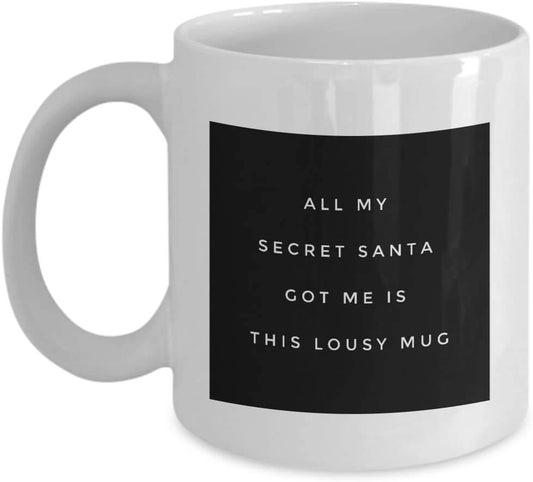 White mug with black label featuring humorous text on a white background