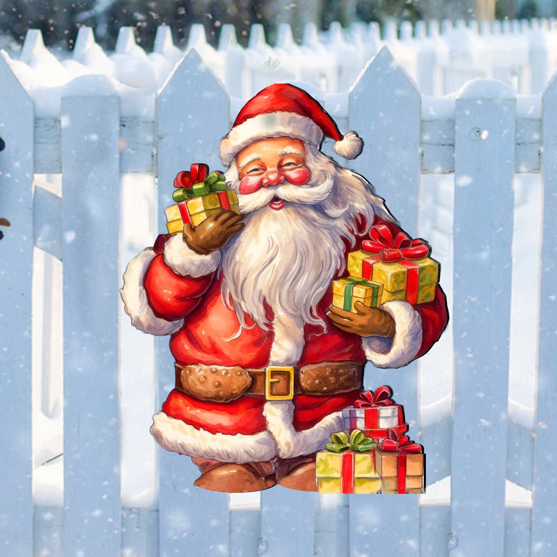 Illustration of Santa Claus holding gifts against a white picket fence with snow.