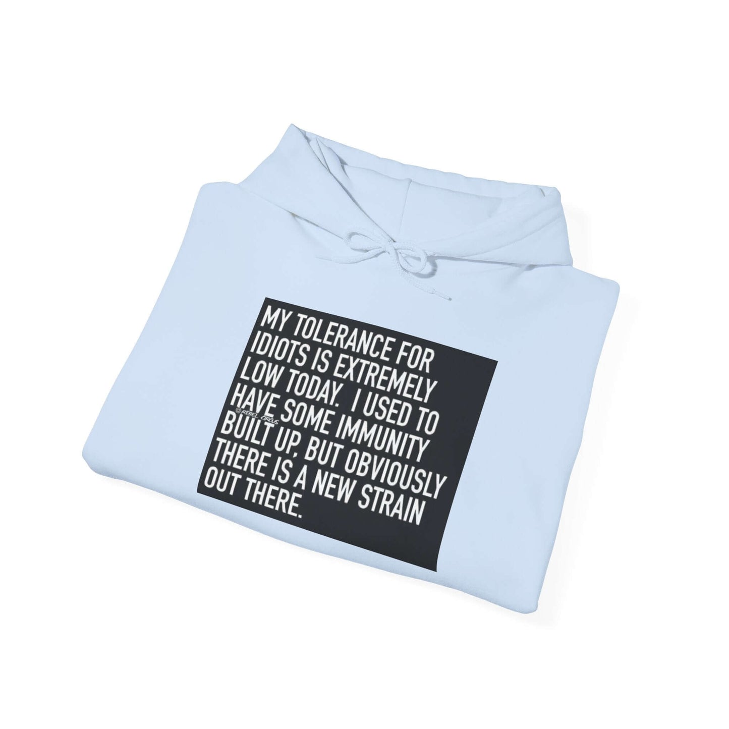 Light blue hoodie with a black text graphic on a white background