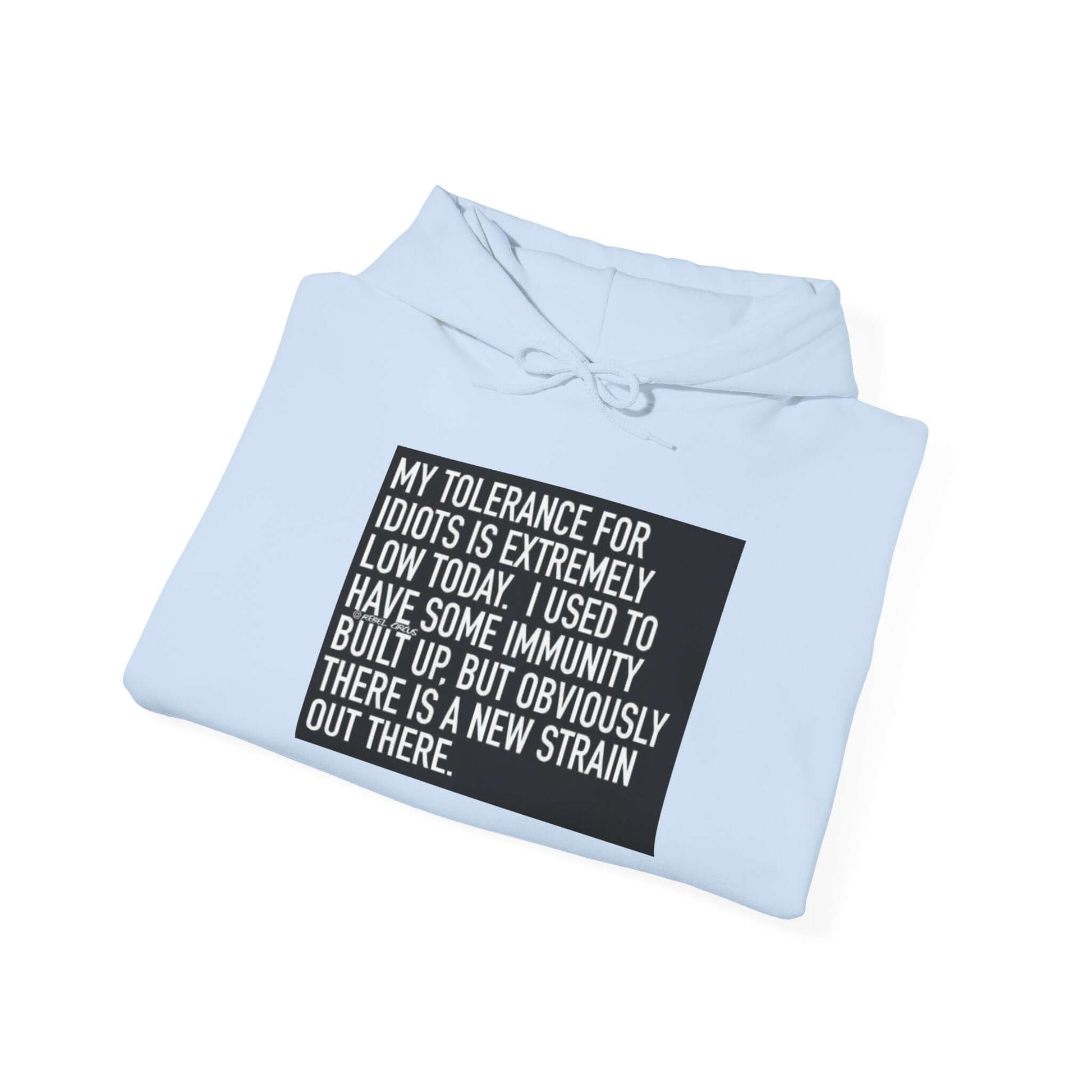 Light blue hoodie with a black text graphic on a white background