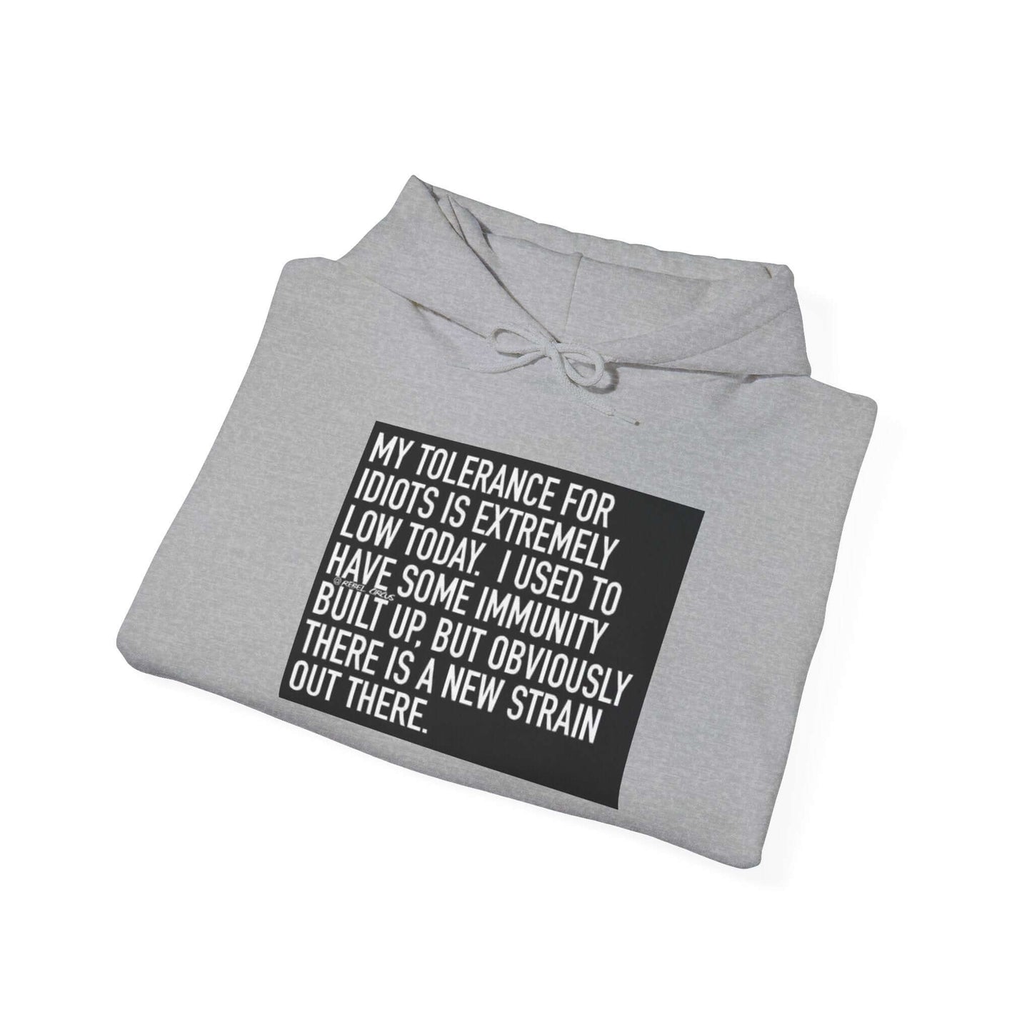 Folded gray hoodie with a black text graphic on a white background