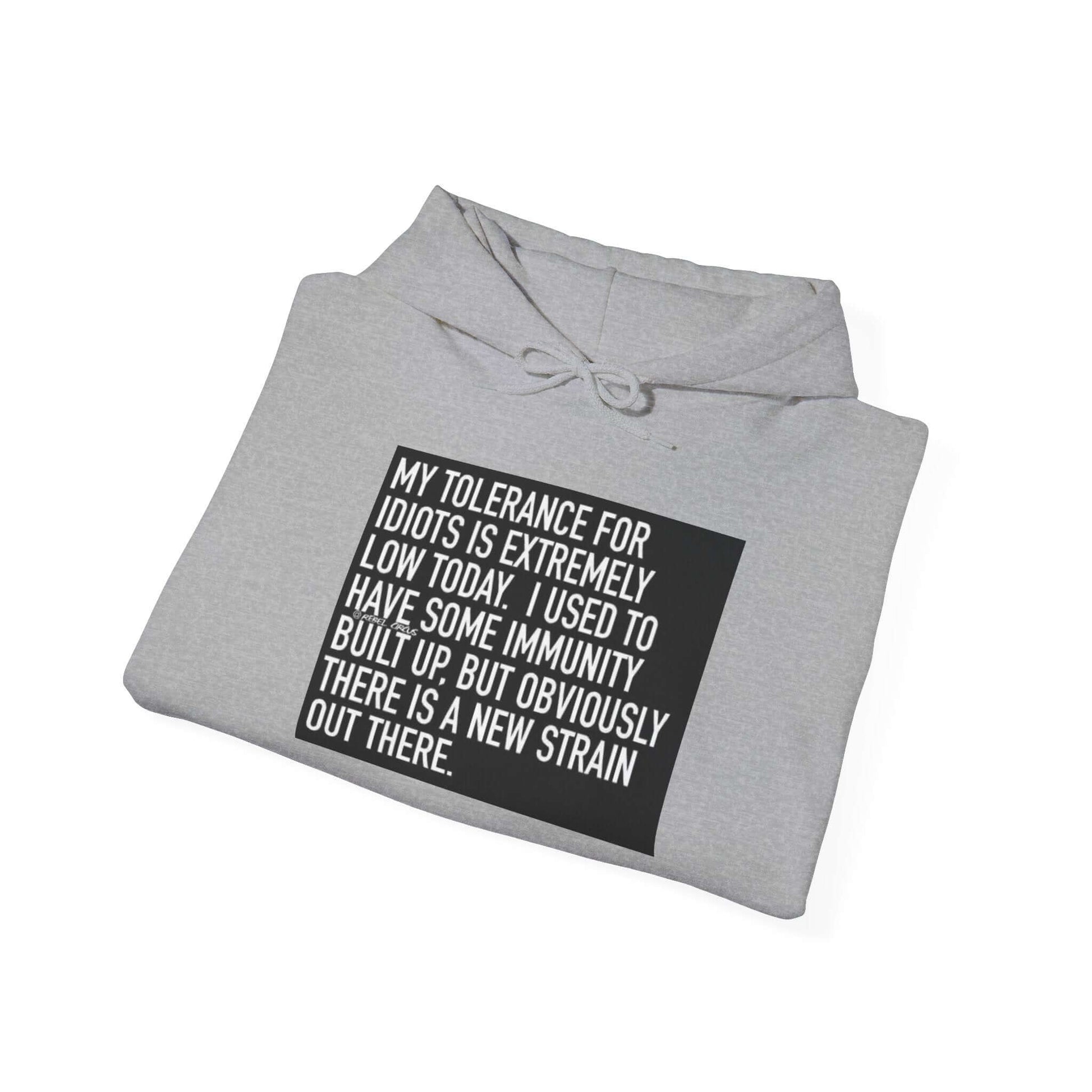 Folded gray hoodie with a black text graphic on a white background
