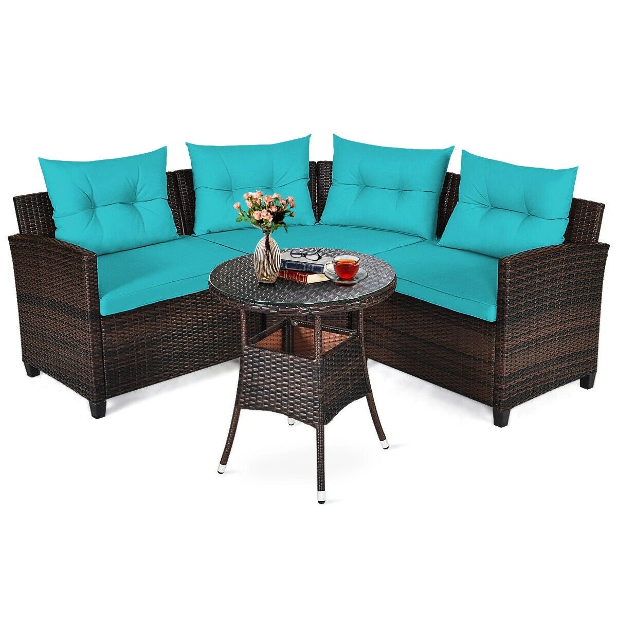 4 Pieces Outdoor Cushioned Rattan Furniture Set-Turquoise by DirectDeals