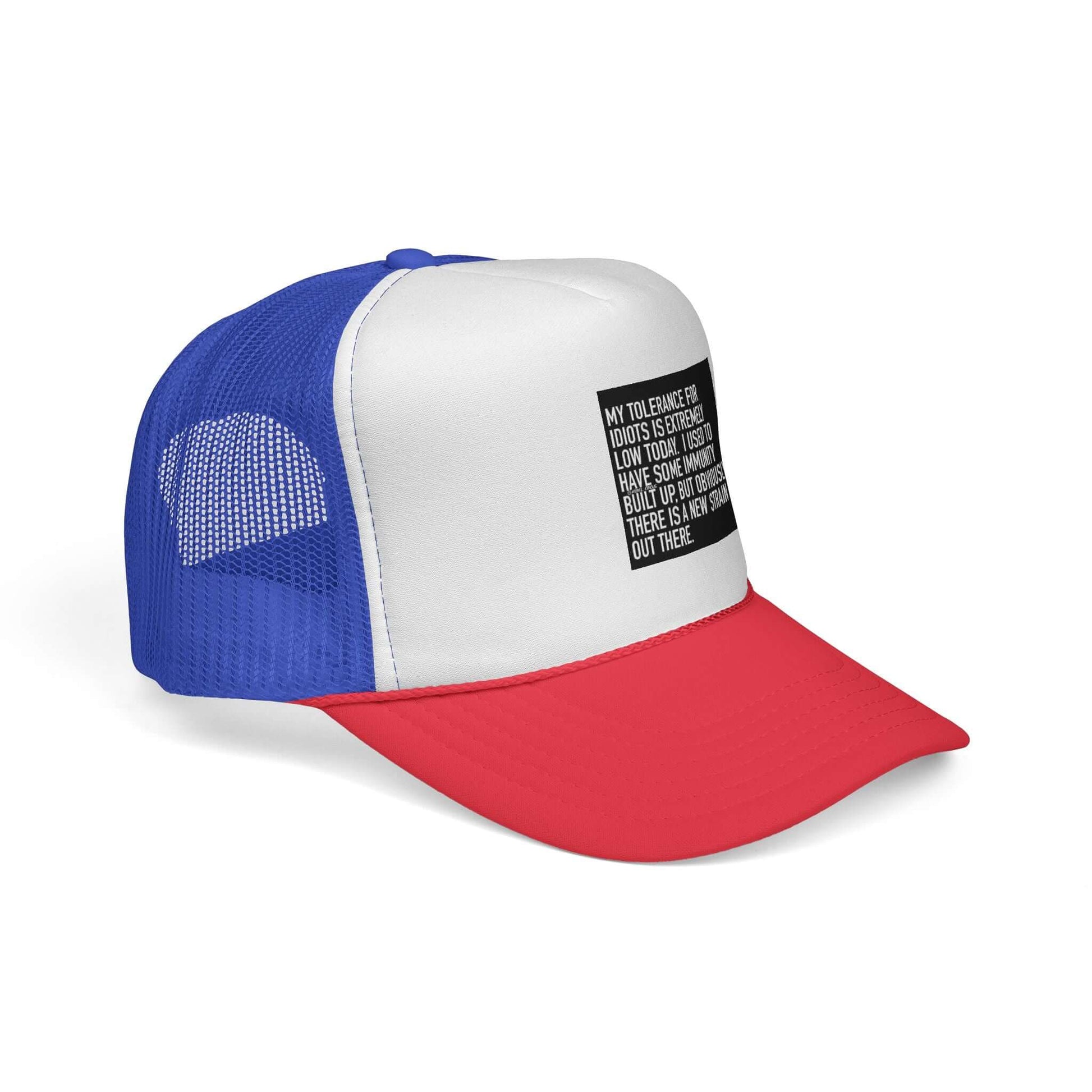Trucker hat with blue, white, and red colors on a white background
