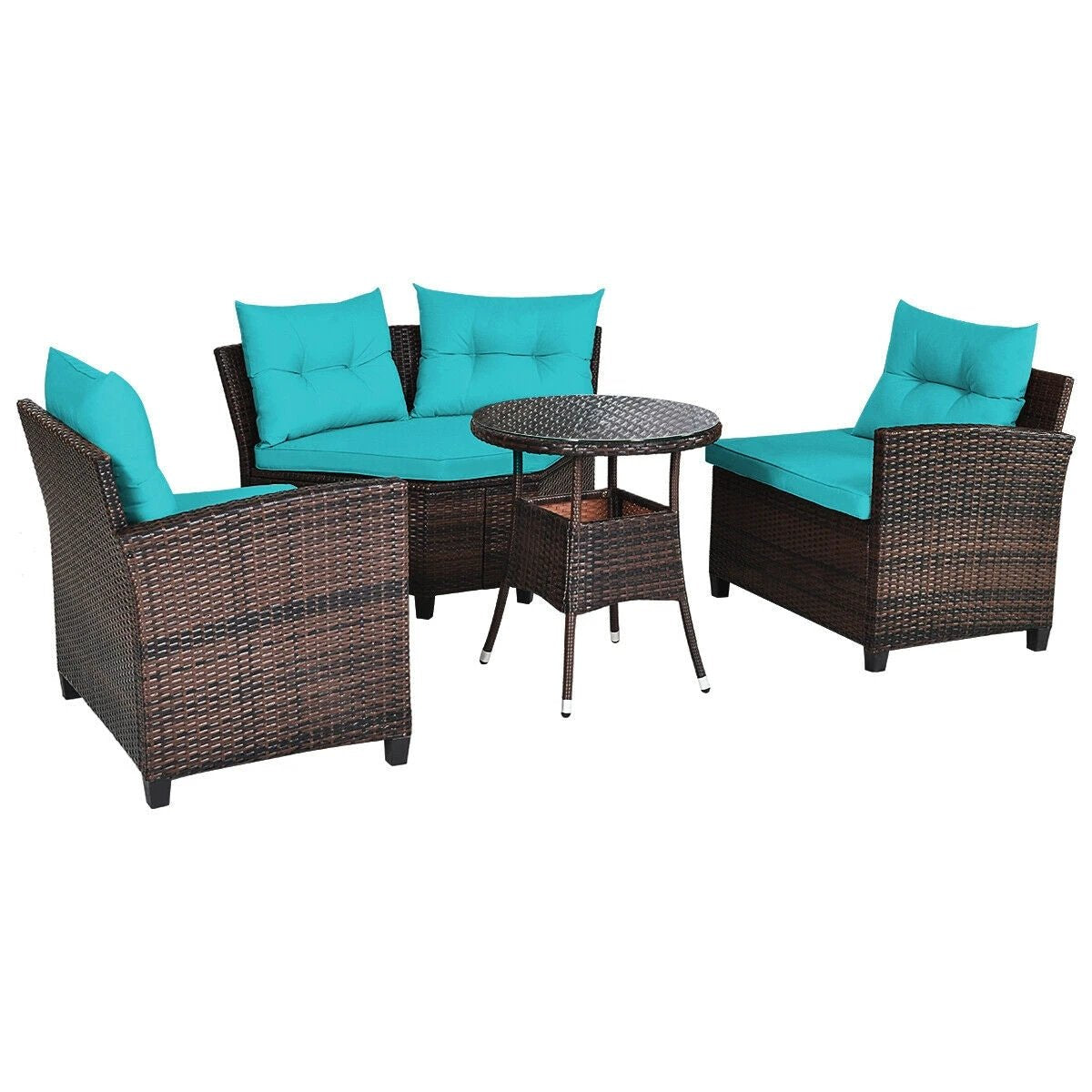 4 Pieces Outdoor Cushioned Rattan Furniture Set-Turquoise by DirectDeals