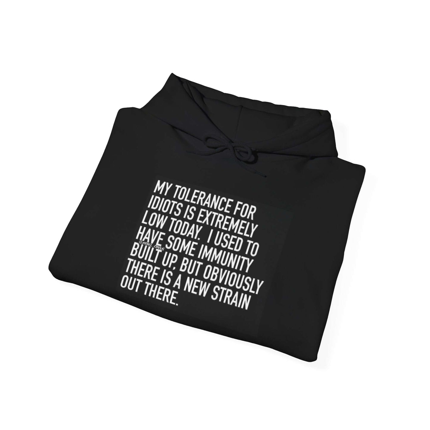 Folded black hoodie with white text on a white background