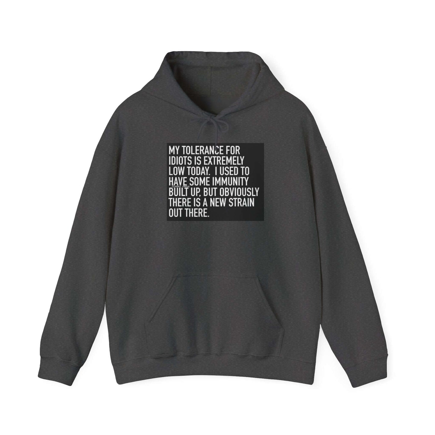 Gray hoodie with a black text graphic on a white background
