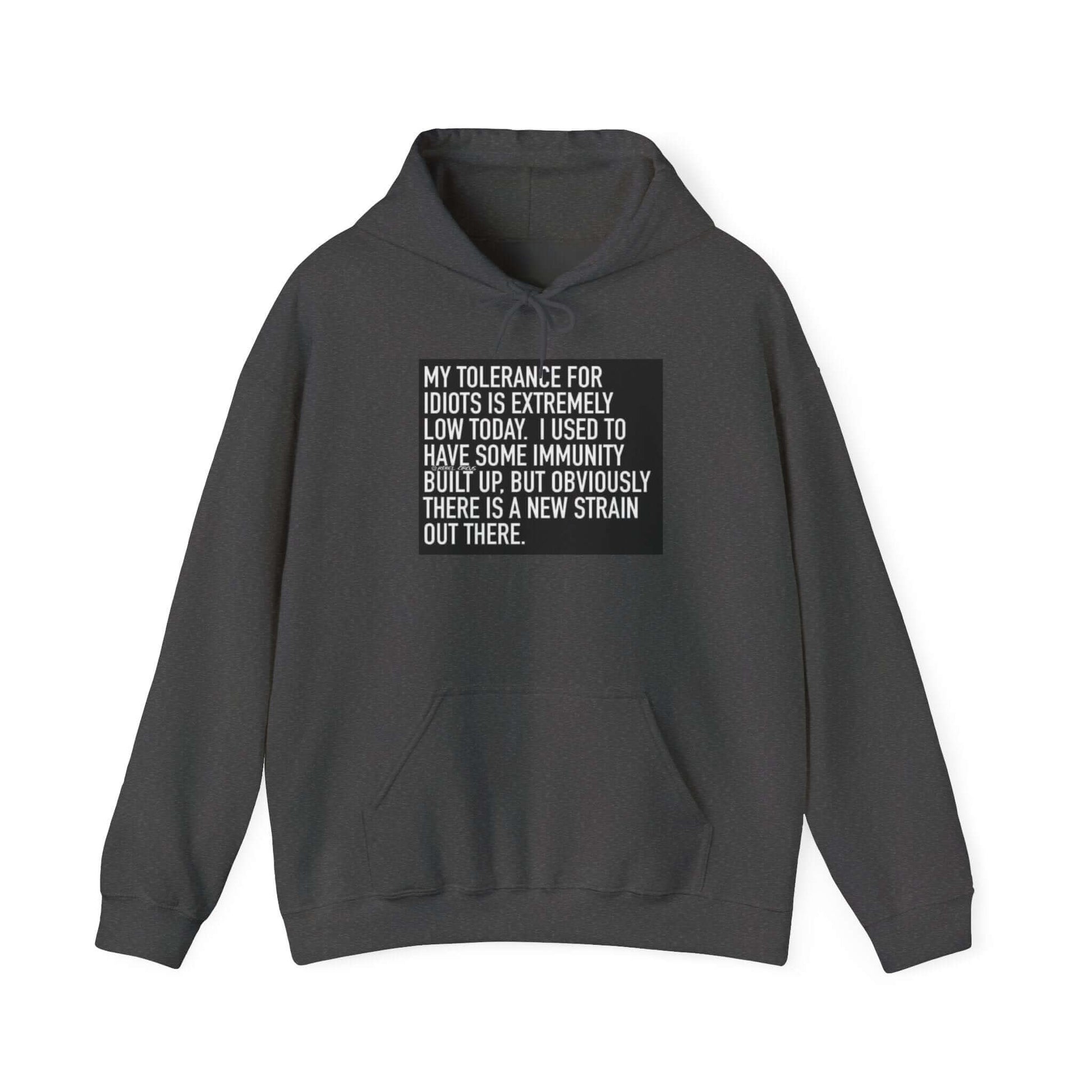 Gray hoodie with a black text graphic on a white background