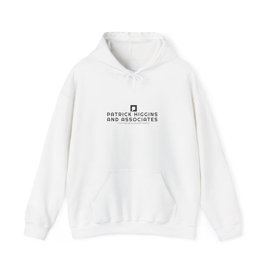 White hoodie with black text and logo on a white background