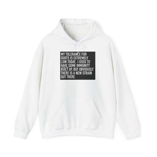 White hoodie with black text on a white background
