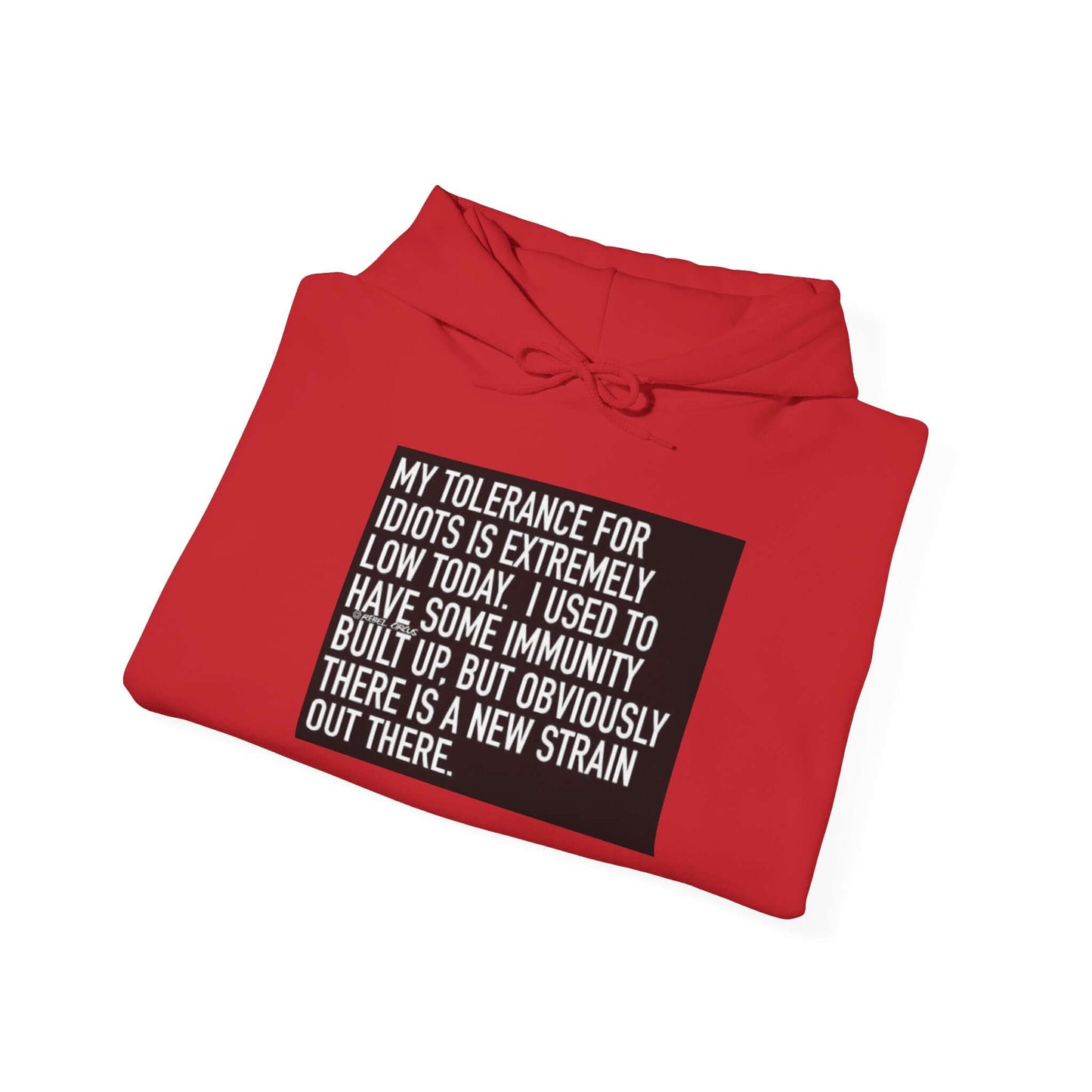 Red hoodie with a black text graphic on a white background