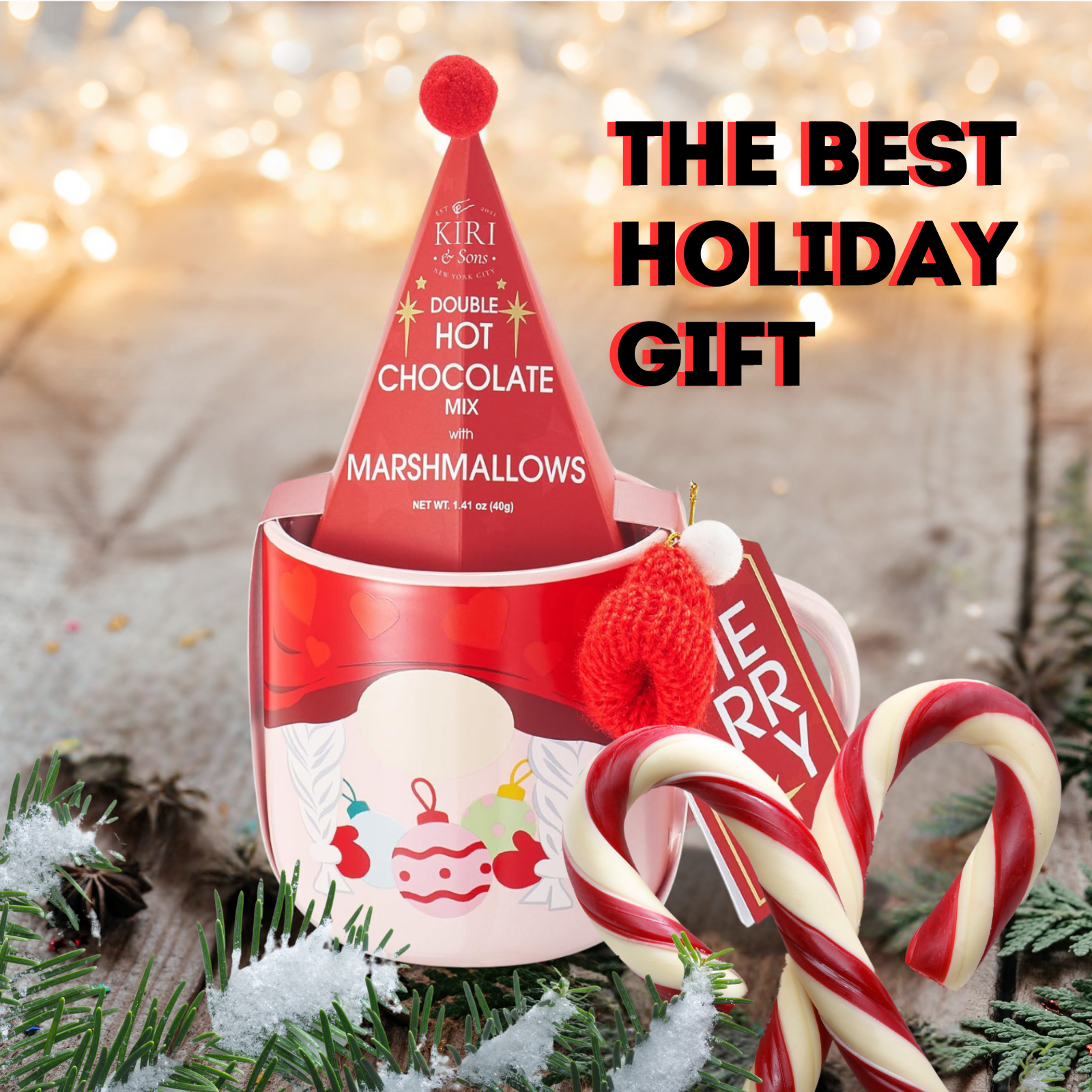 Red holiday-themed mug with candy canes and a festive hat on a blurred Christmas background.