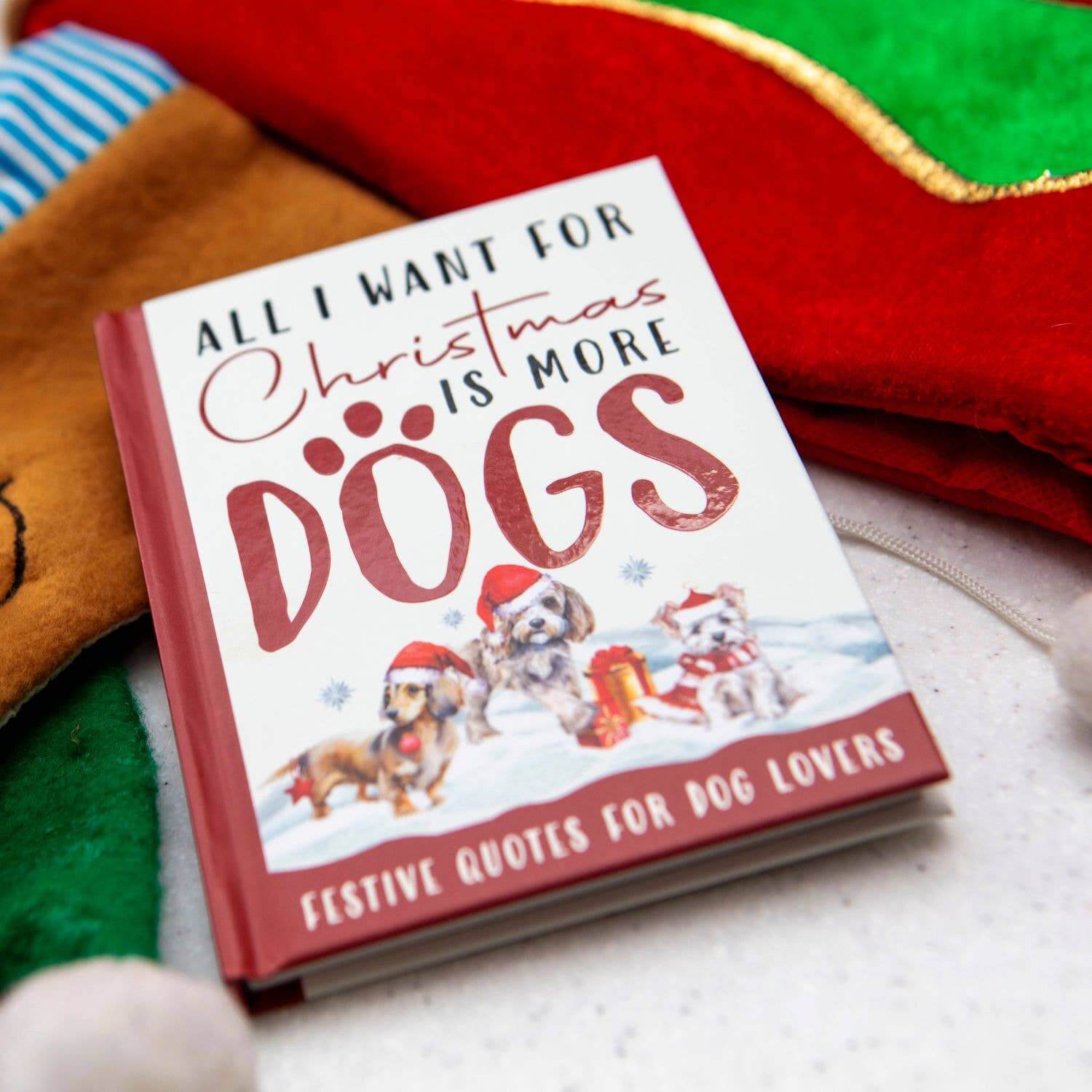 Book titled 'All I Want for Christmas is More Dogs' with dog illustrations on a festive background.
