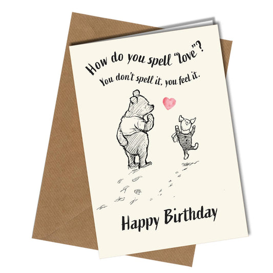 Birthday card with Winnie the Pooh and Piglet illustration and text on a white background