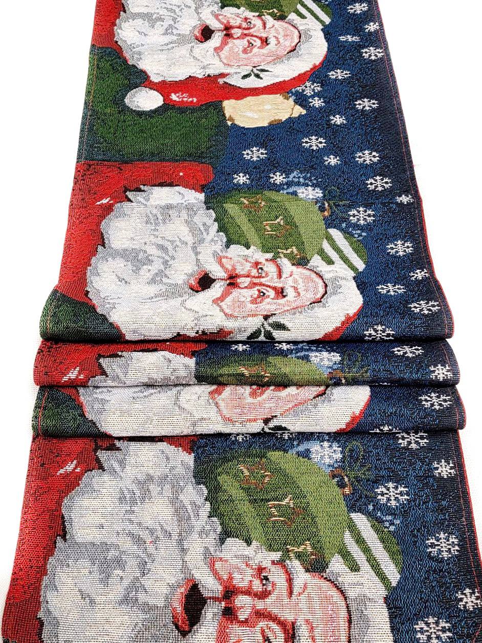 Set of Christmas-themed table runners with Santa Claus and floral designs.