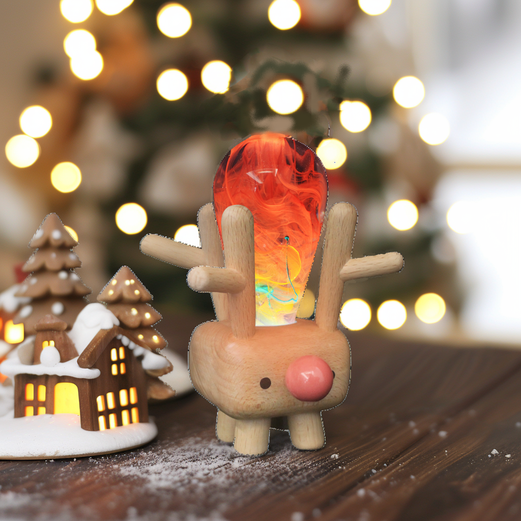Small reindeer figurine with a colorful glass ball on a wooden surface with Christmas decorations in the background.