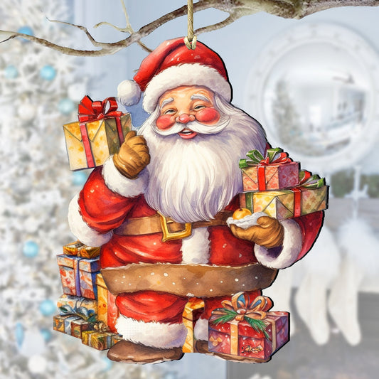 Decorative ornament of Santa Claus holding gifts against a blurred snowy background