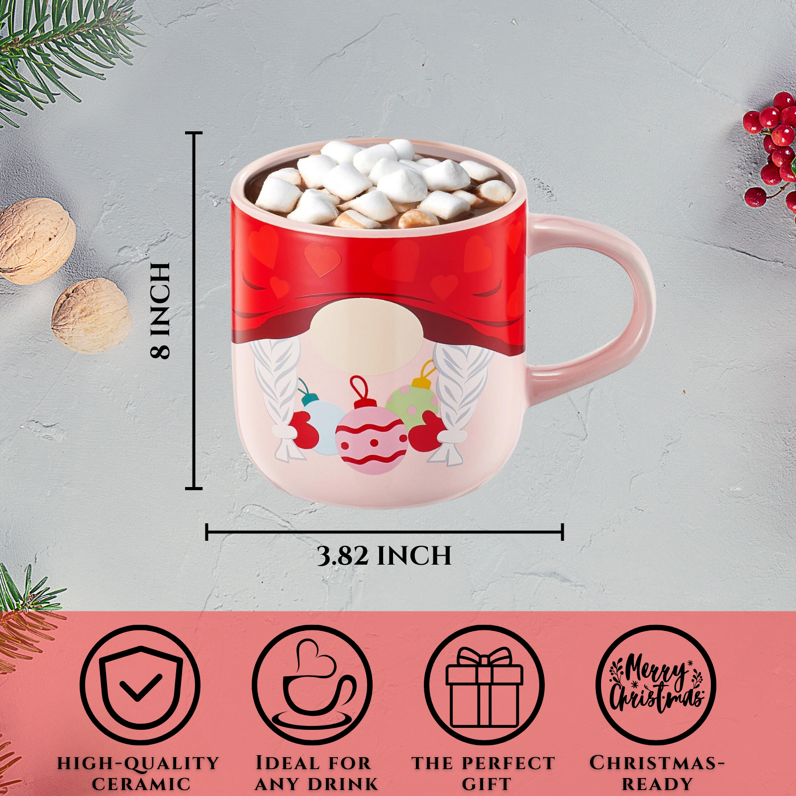 Pink mug with Christmas design and hot chocolate illustration, shown with measurements and product features on a gray background.