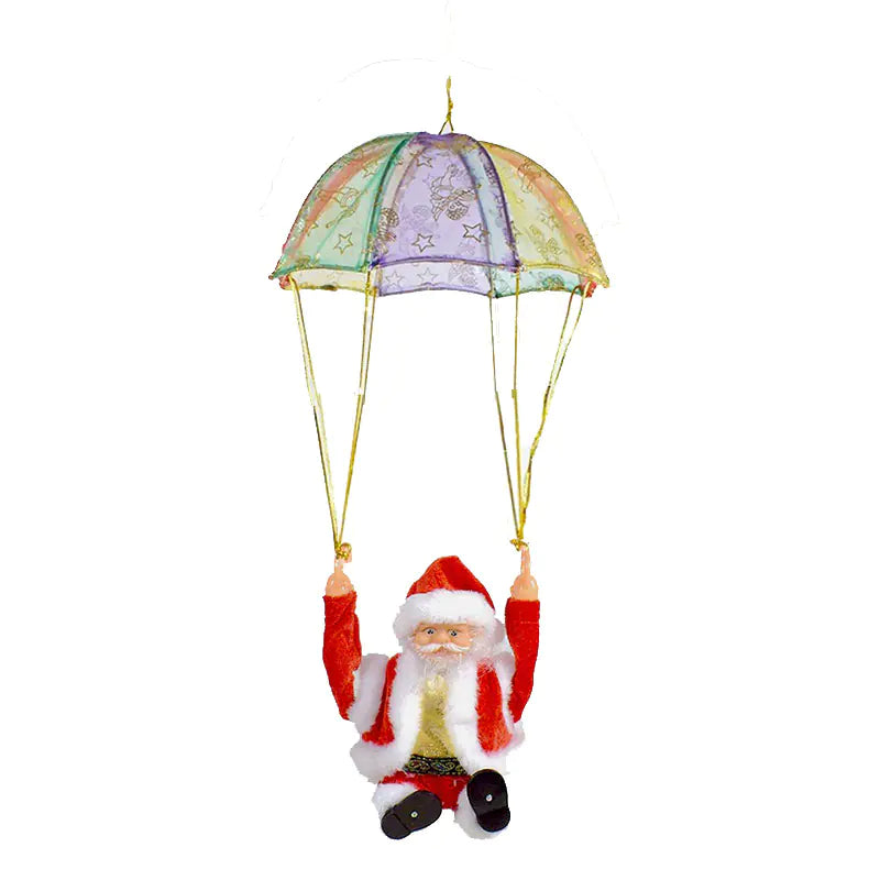 Decorative ornament of Santa Claus with a colorful parachute on a white background