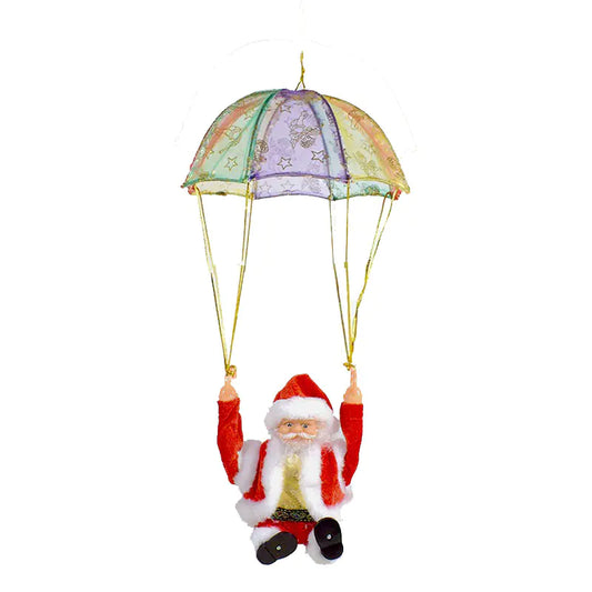 Decorative ornament of Santa Claus with a colorful parachute on a white background