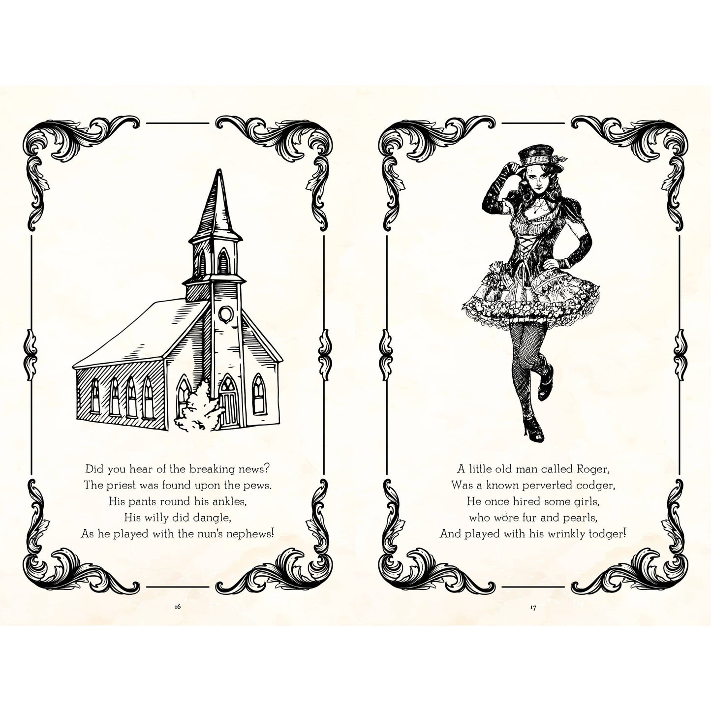 Illustrations of a church and a woman with text on a decorative background