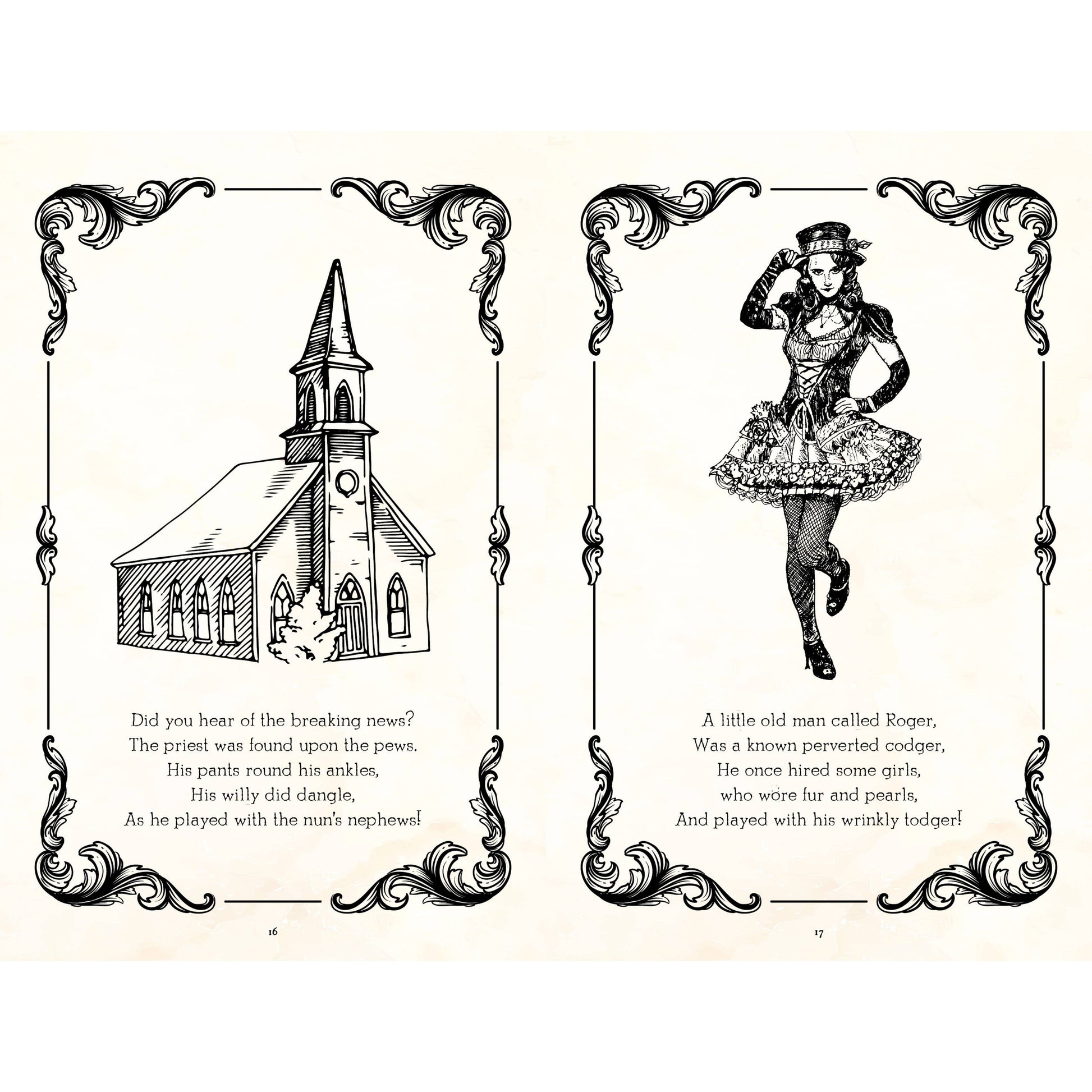 Illustrations of a church and a woman with text on a decorative background