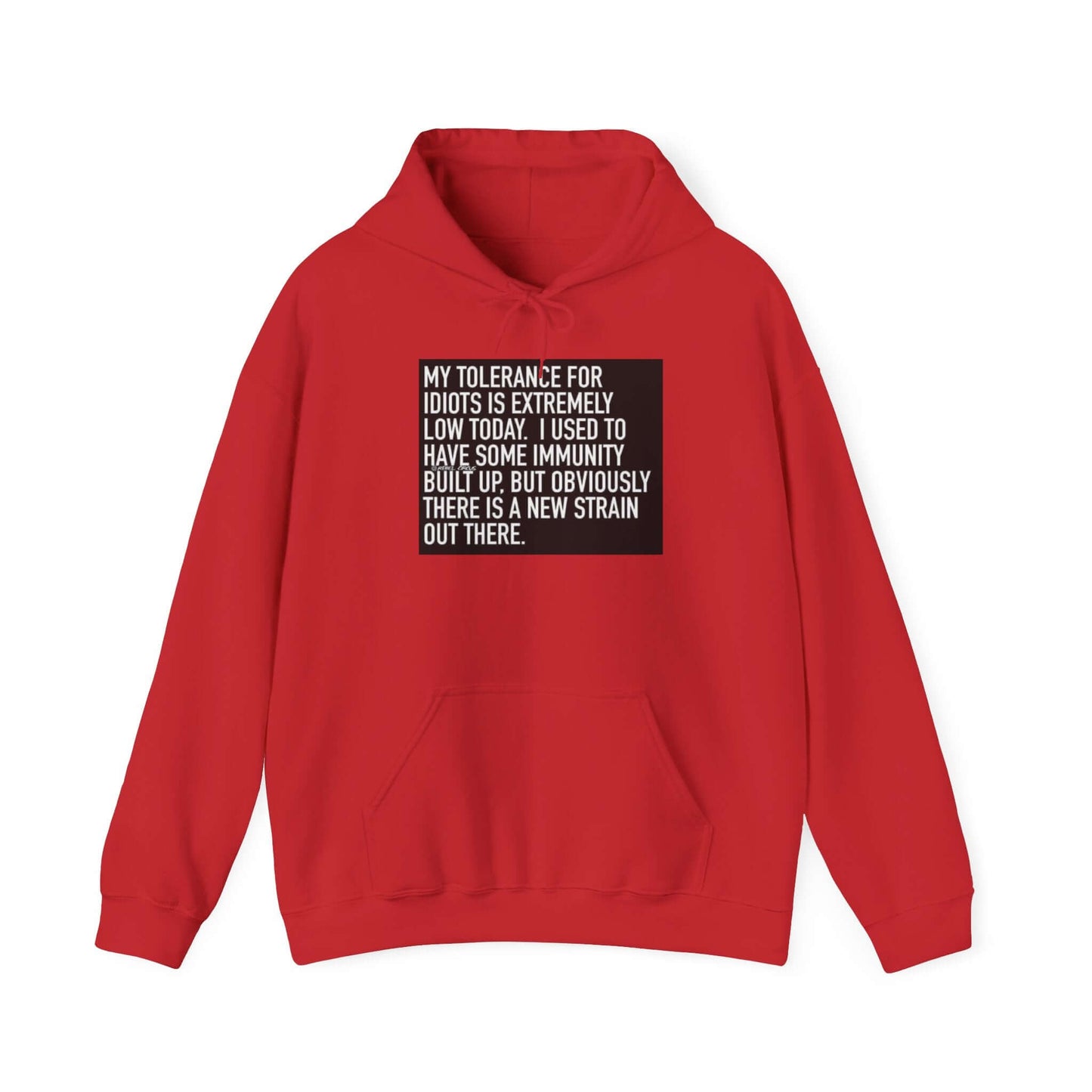 Red hoodie with a black text graphic on a white background