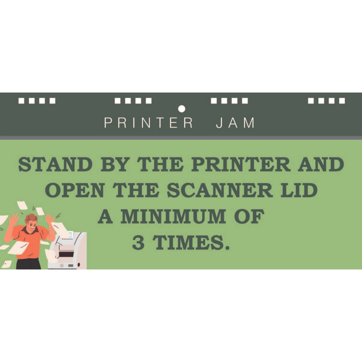 Instructional graphic with text about dealing with a printer jam, featuring a person standing by a printer.