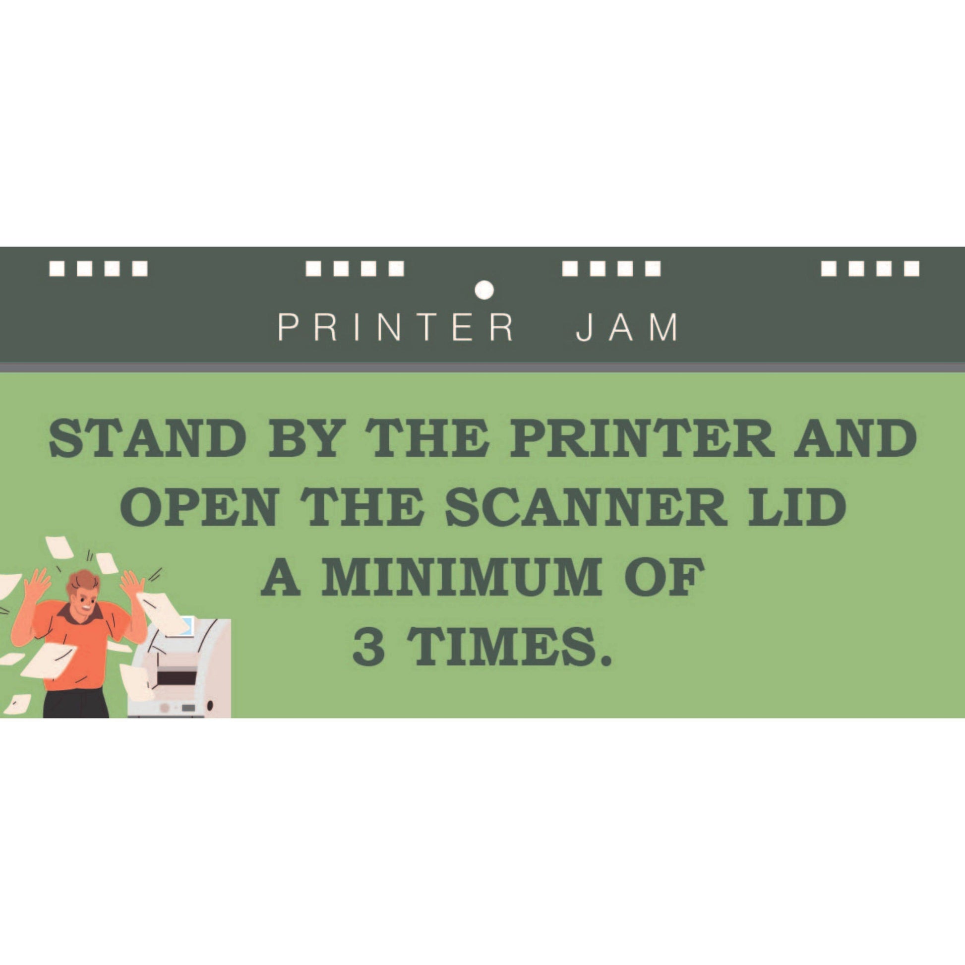 Instructional graphic with text about dealing with a printer jam, featuring a person standing by a printer.
