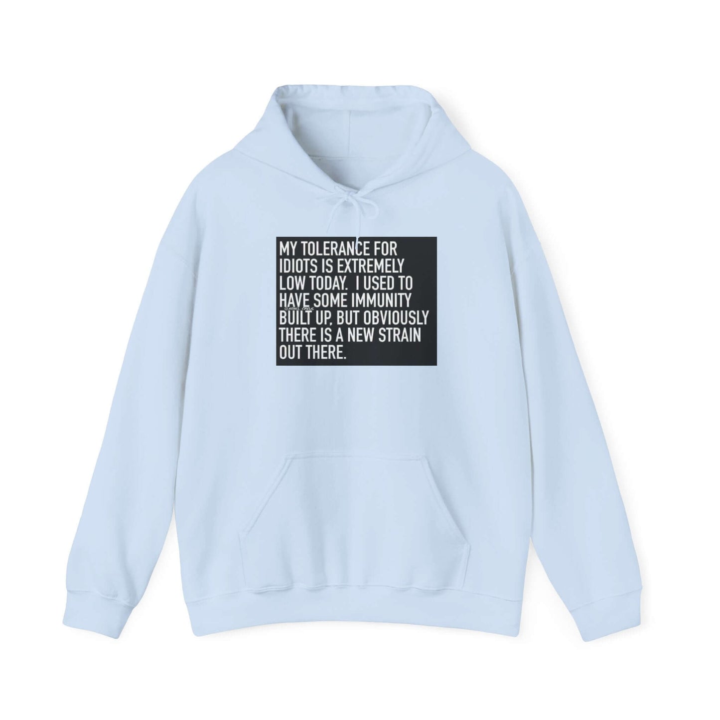 Light blue hoodie with a black text graphic on a white background